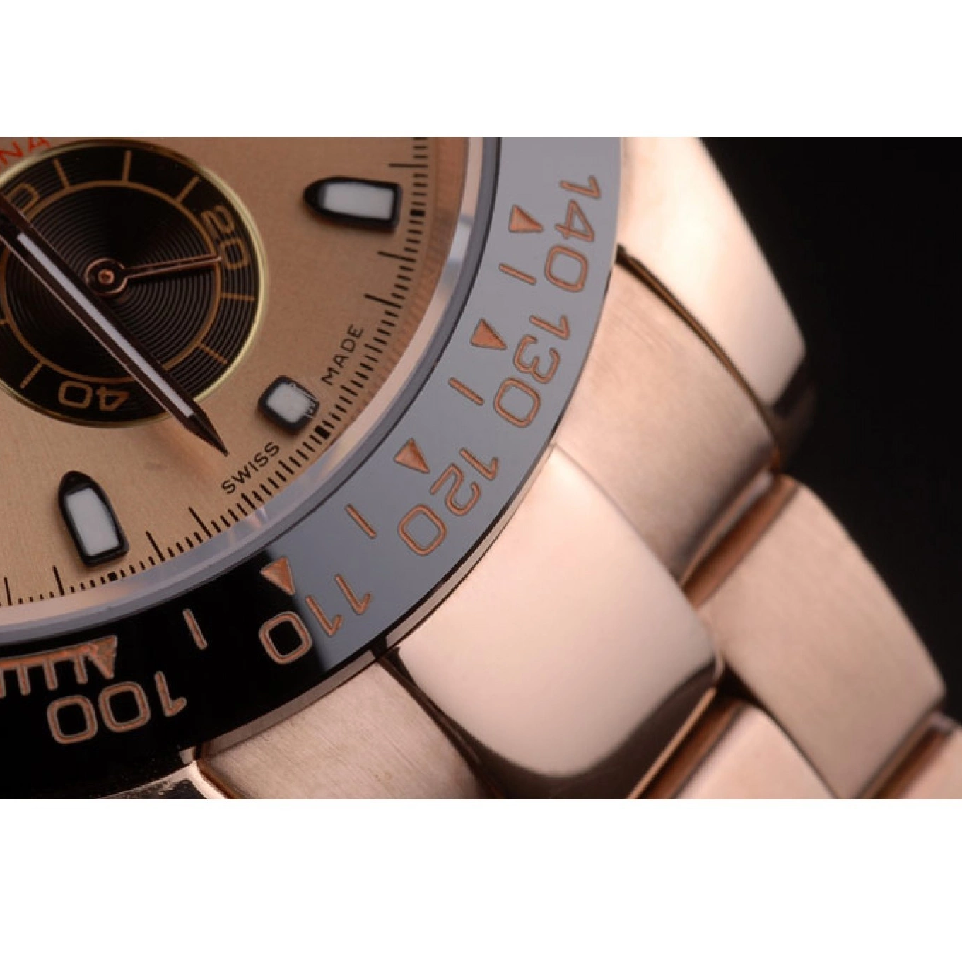 Aaa replica watch Plated Rose Gold Tachymeter Gold Ion Dial Daytona Strap Rolex Rose 80244 0716